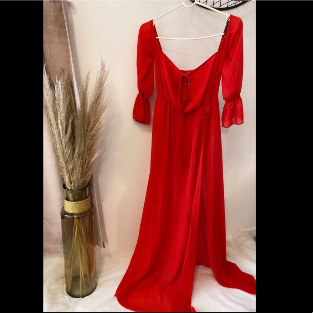 Red split maxi dress